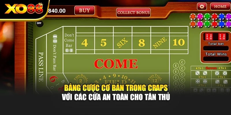 Bảng cược cơ bản trong Craps với các cửa an toàn cho tân thủ